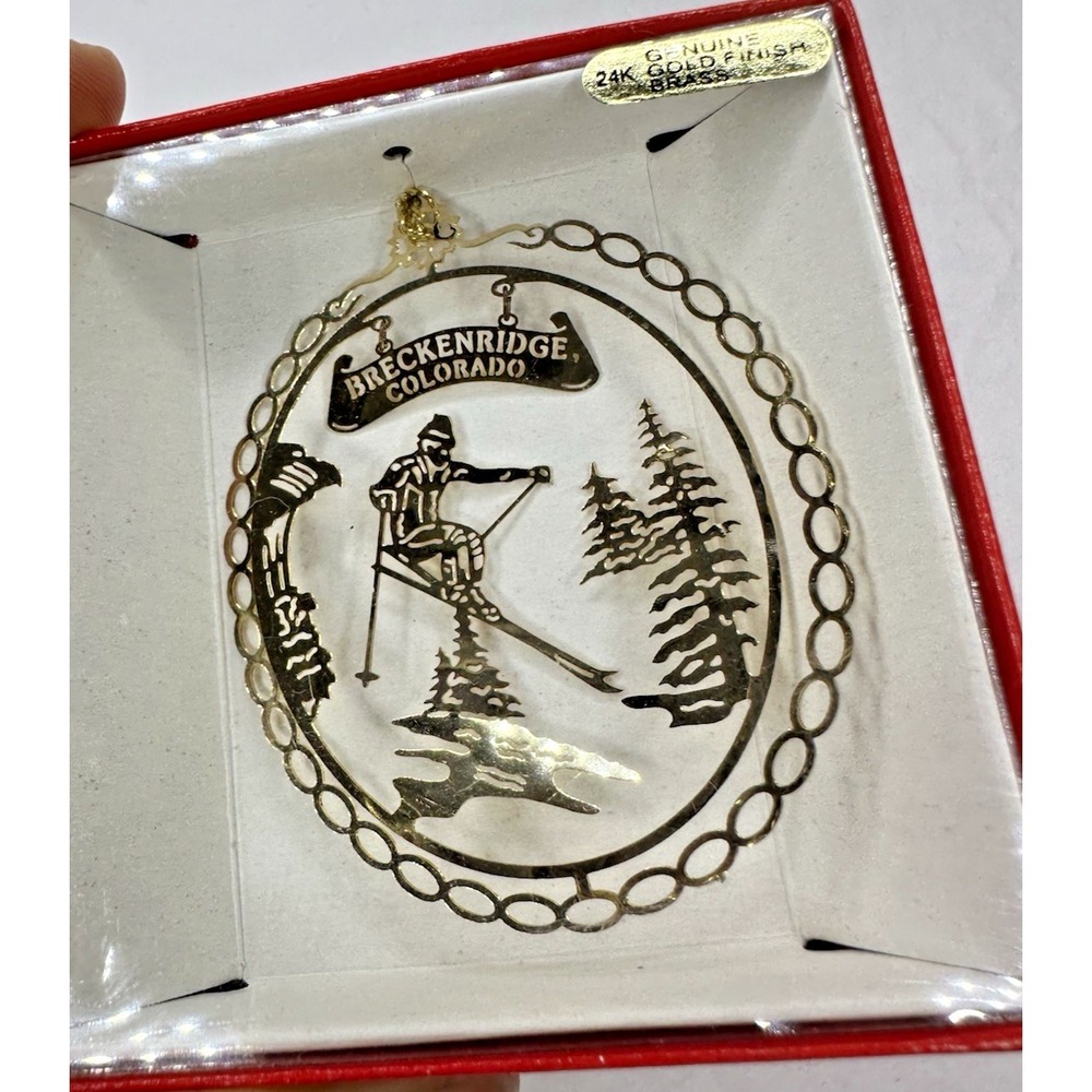 24k Gold Plated Christmas Ornament Breckenridge Colorado Skiing Boxed Metal